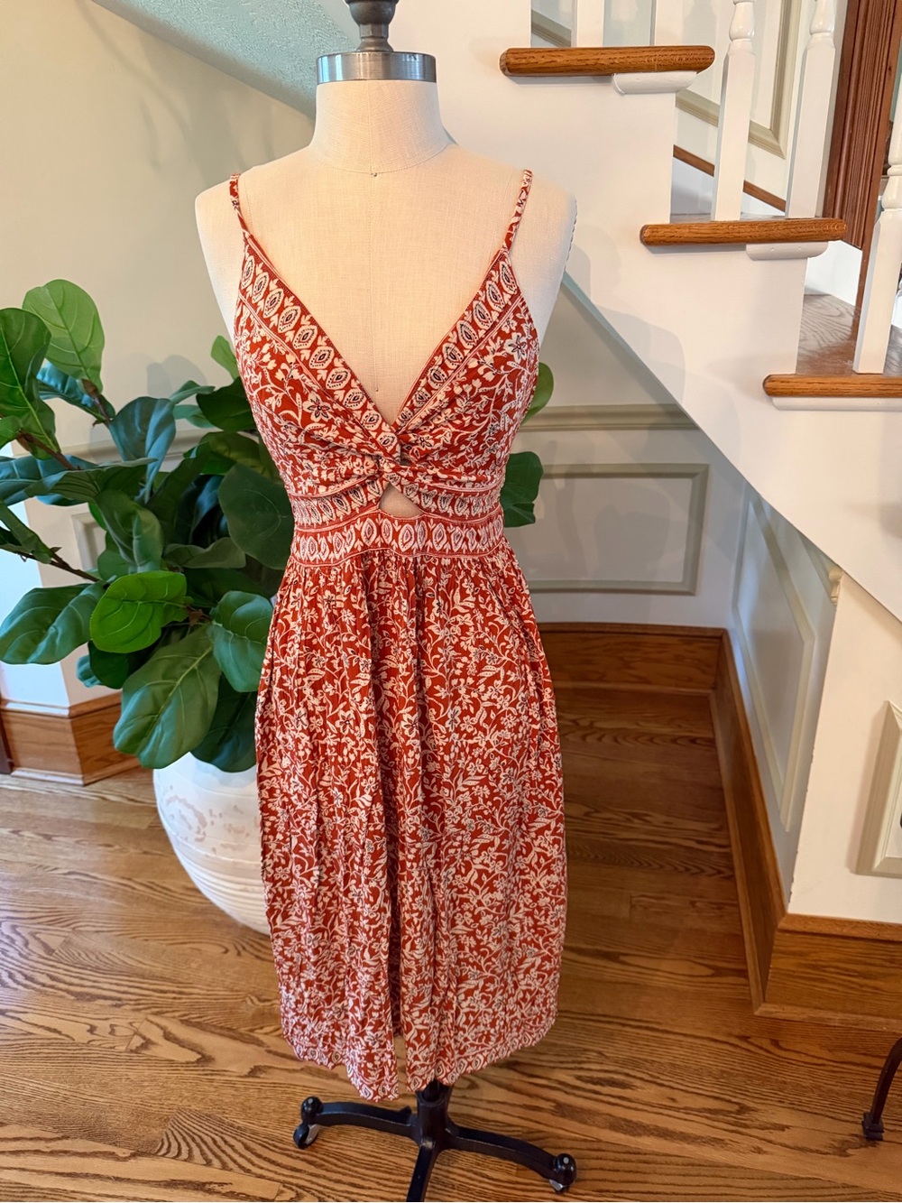 Angie Rust Floral Twist-Front Midi Dress